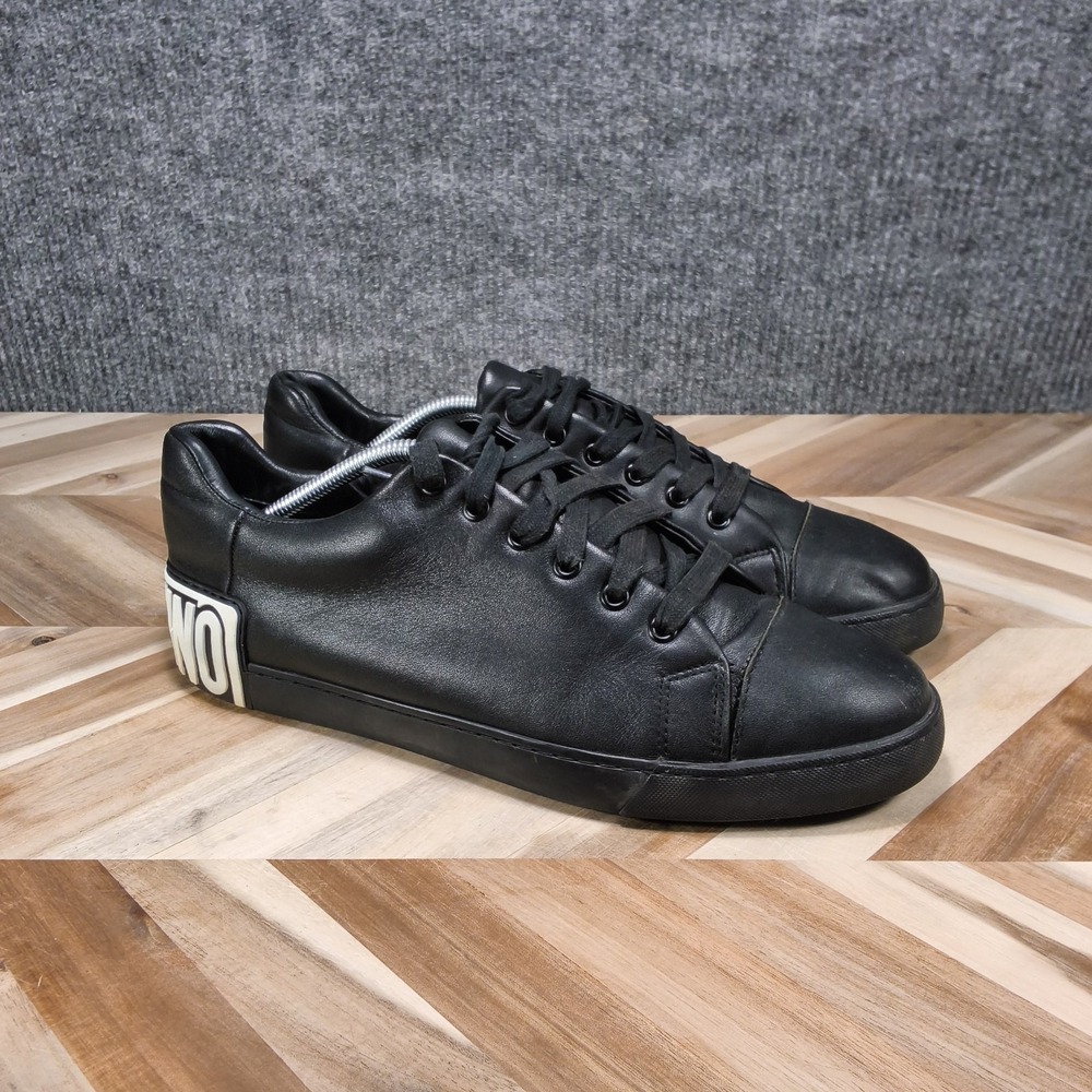Moschino Black Logo Lace-Up Low-Top Leather Sneakers EU 45 US 11 Rubber Outsole